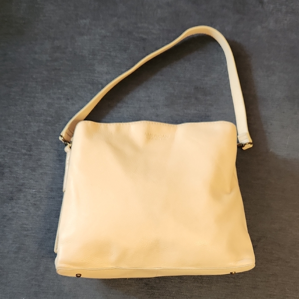American Leather Co Ivory Pebbled Leather Triple Entry Shoulder  Bag